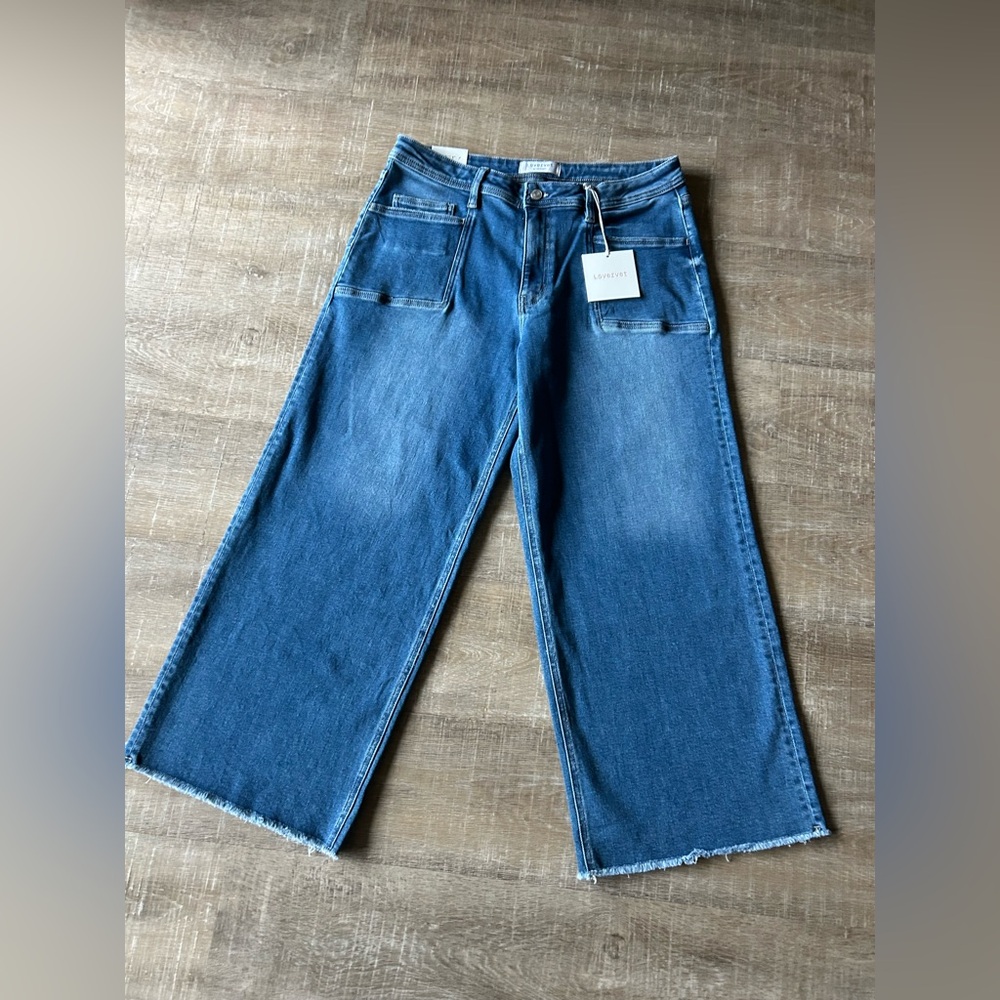Lovervet Women High Rise Wide Leg Cropped Jeans Blue Denim Raw Hem NWT